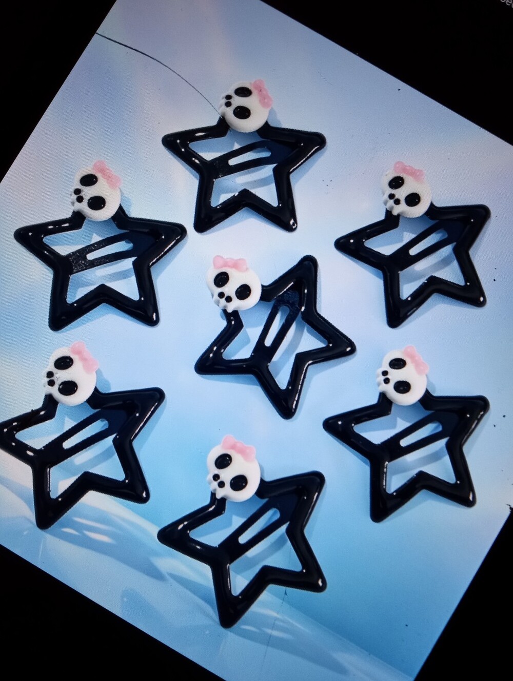 Kids Black Star Hair Clips with Pink Bow Skull Accent